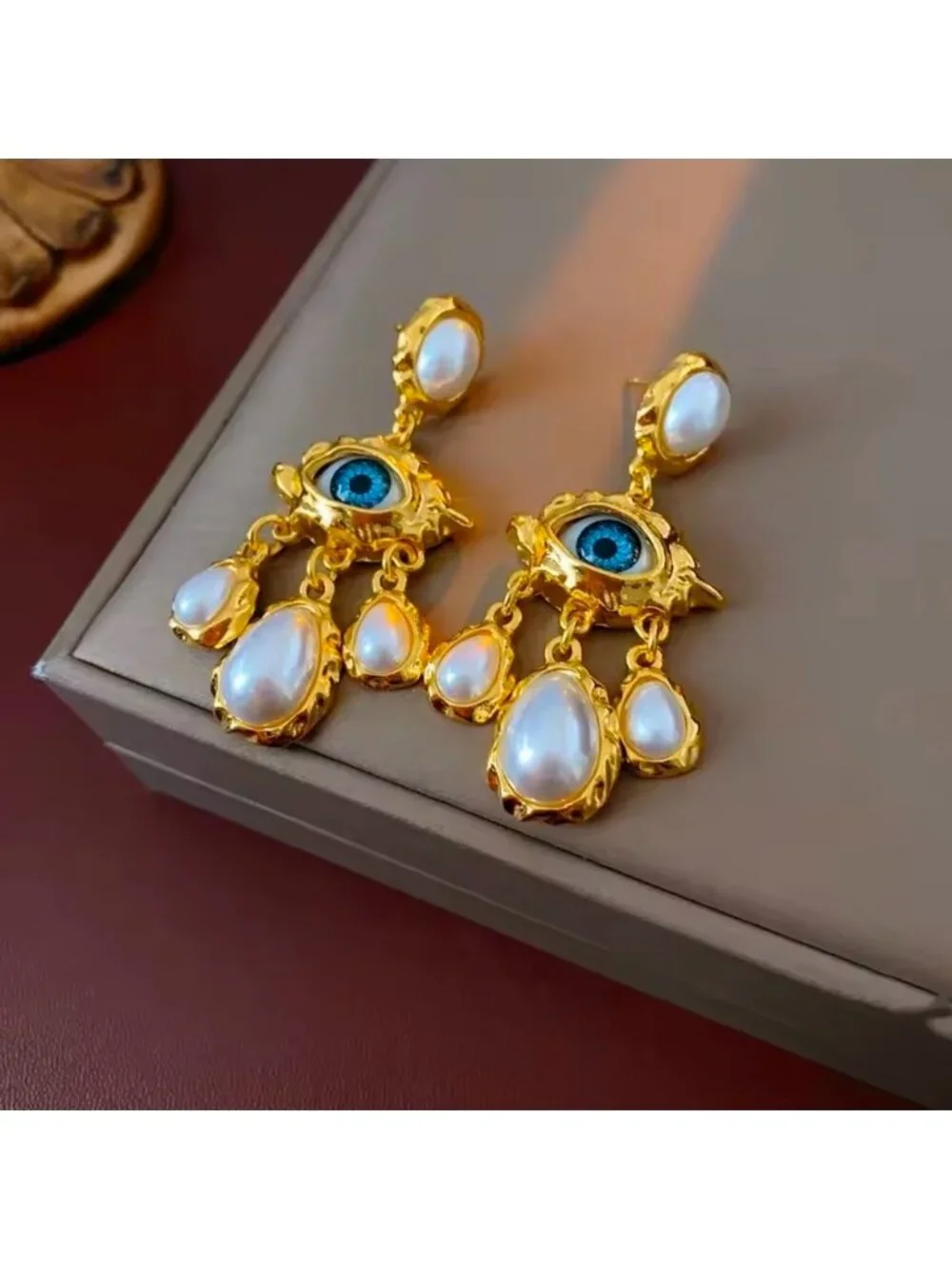 Gold-Tone Evil Eye Pearl Drop Earrings